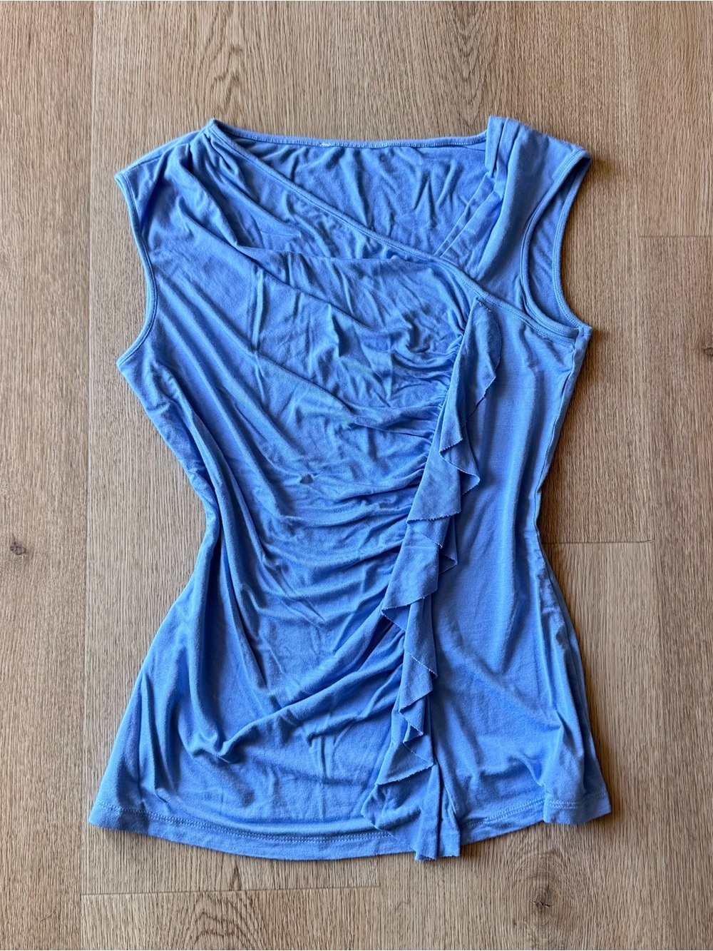 Y2k blue ruched fitted top with asymmetrical neckline